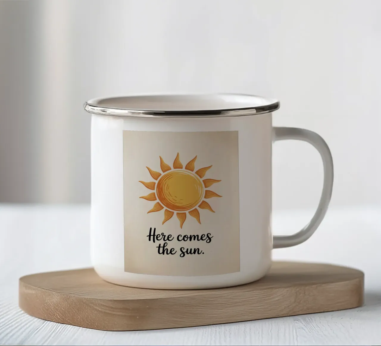 Hier komt de zon - Minimal handgetekende print van zonneschijn emaille mok van logic