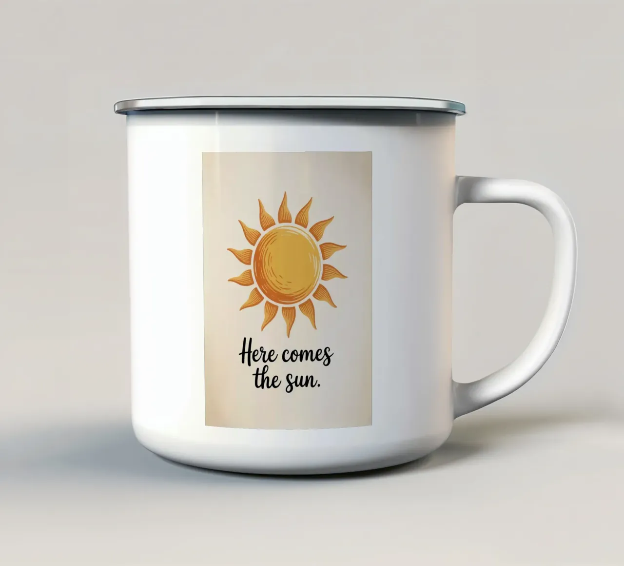 Hier komt de zon - Minimal handgetekende print van zonneschijn emaille mok van logic