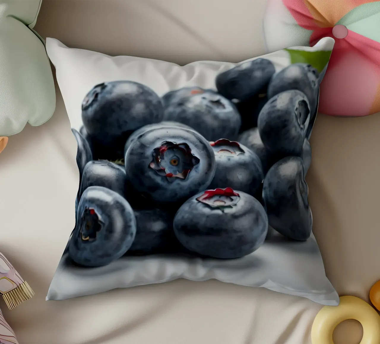 Fresh blueberries arranged neatly on a reflective surface decorative cushion by DesignDoodle