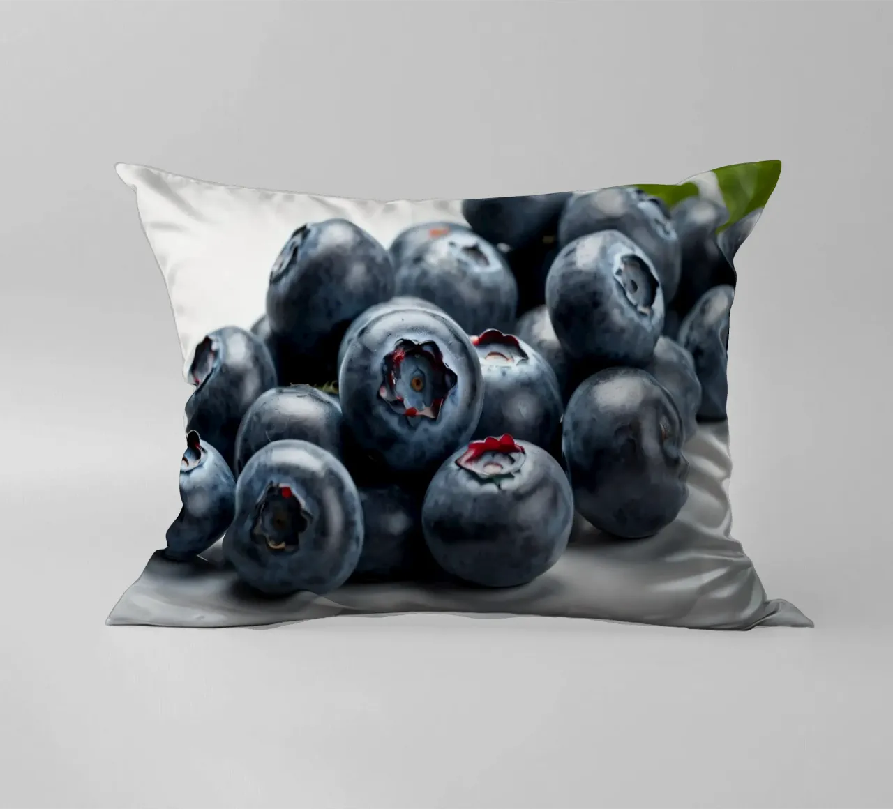 Fresh blueberries arranged neatly on a reflective surface decorative cushion by DesignDoodle