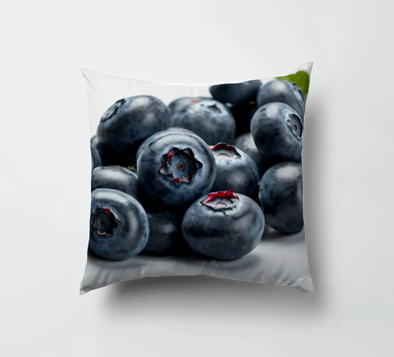 Fresh blueberries arranged neatly on a reflective surface decorative cushion by DesignDoodle