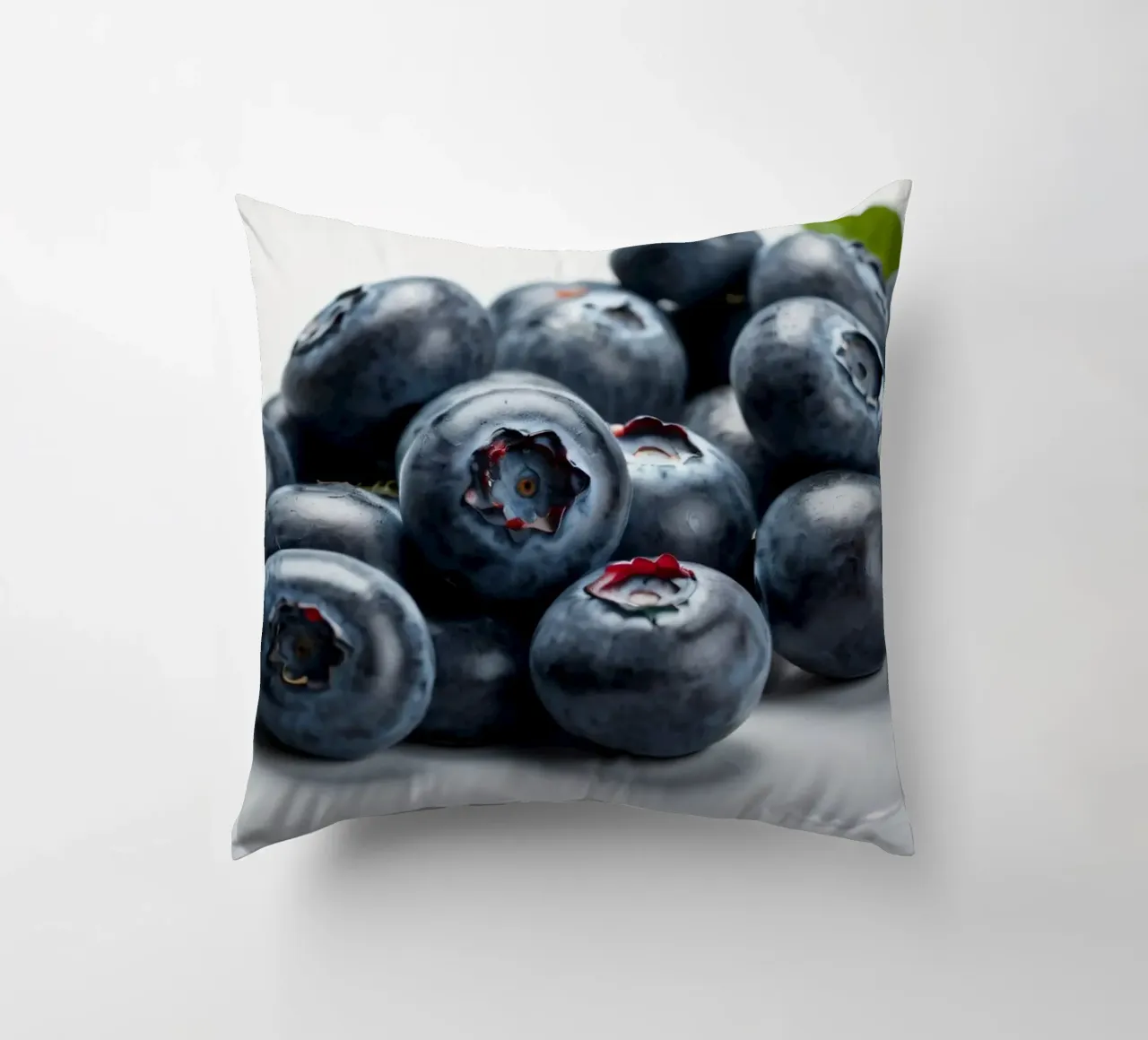 Fresh blueberries arranged neatly on a reflective surface decorative cushion by DesignDoodle