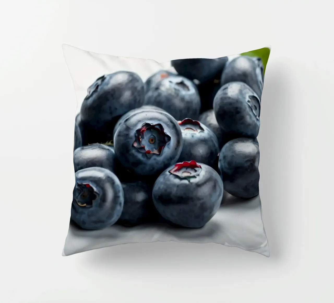 Fresh blueberries arranged neatly on a reflective surface decorative cushion by DesignDoodle