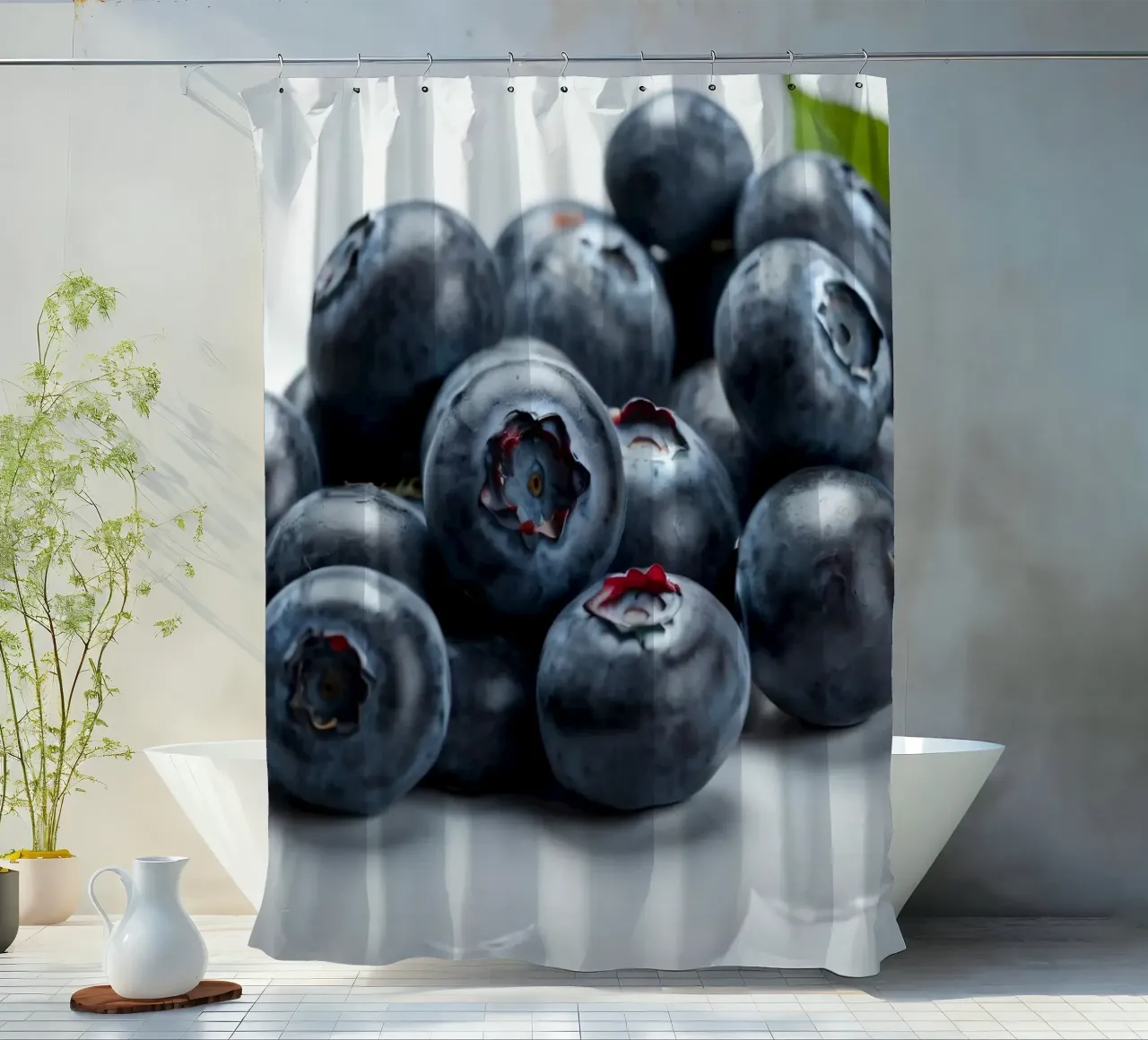 Fresh blueberries arranged neatly on a reflective surface shower curtain by DesignDoodle