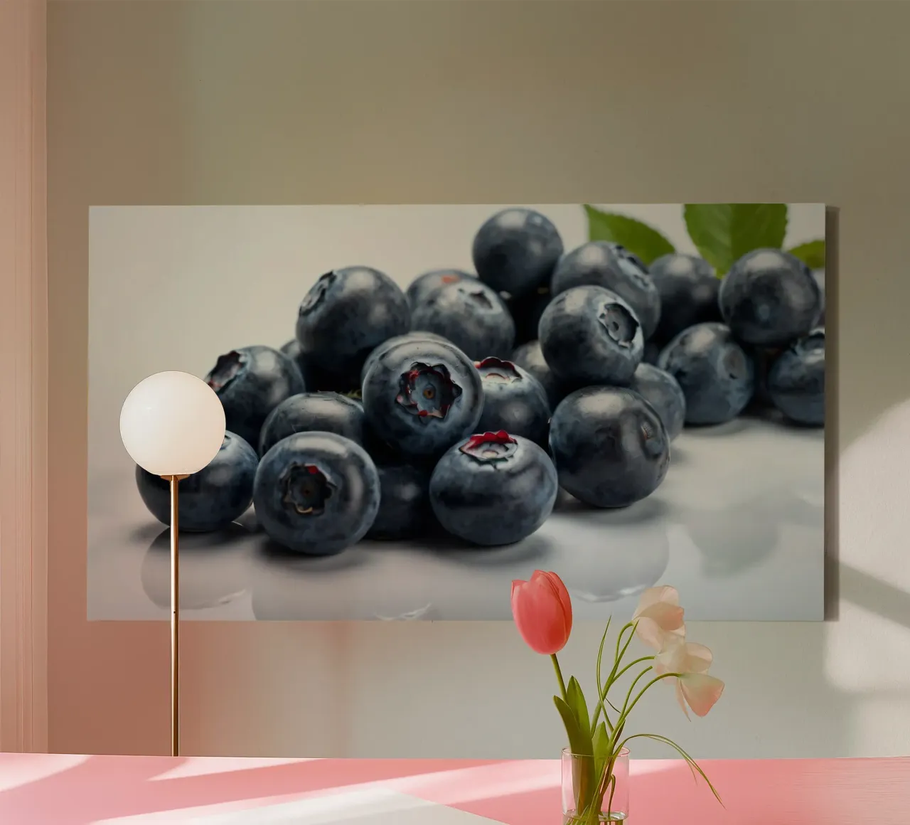 Fresh blueberries arranged neatly on a reflective surface canvas by DesignDoodle