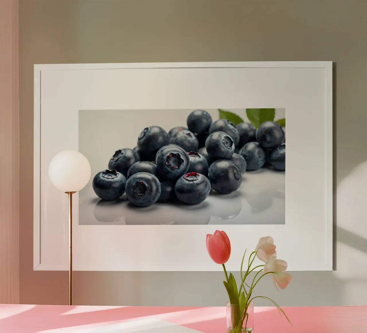 Fresh blueberries arranged neatly on a reflective surface hahnemühle by DesignDoodle