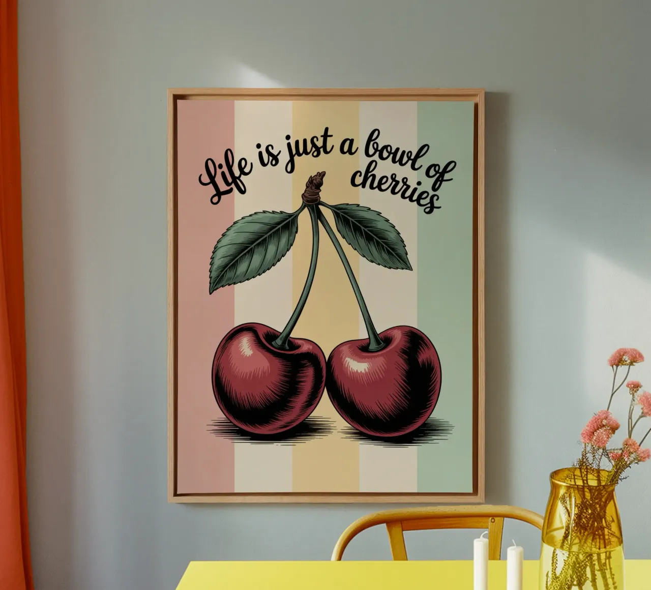 Das Leben ist nur eine Schale voller Kirschen - Handgezeichnete Retro-Fruchtkunst Leinwand mit Schattenfugenrahmen von logic