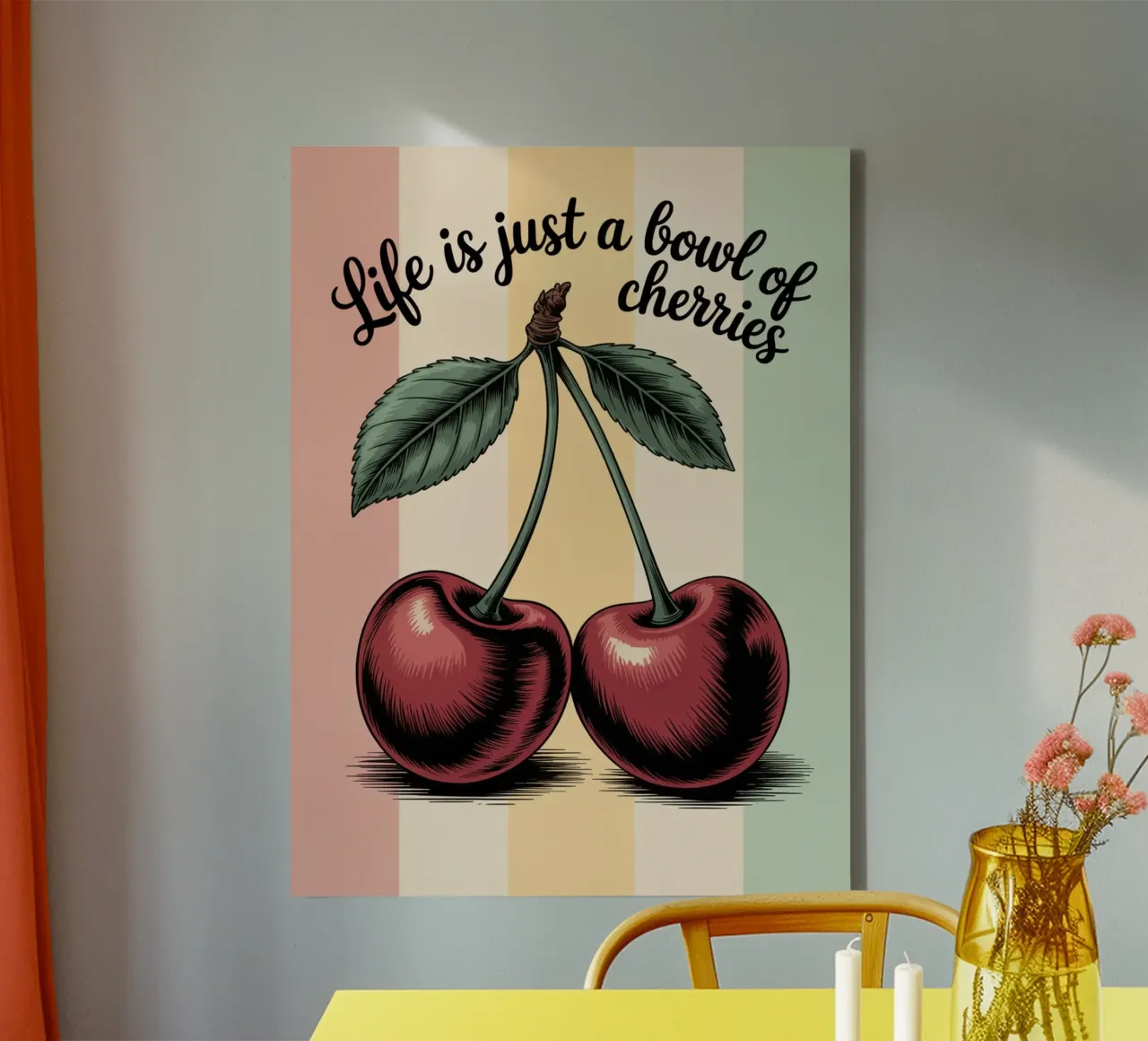 Das Leben ist nur eine Schale voller Kirschen - Handgezeichnete Retro-Fruchtkunst Leinwand mit Schattenfugenrahmen von logic