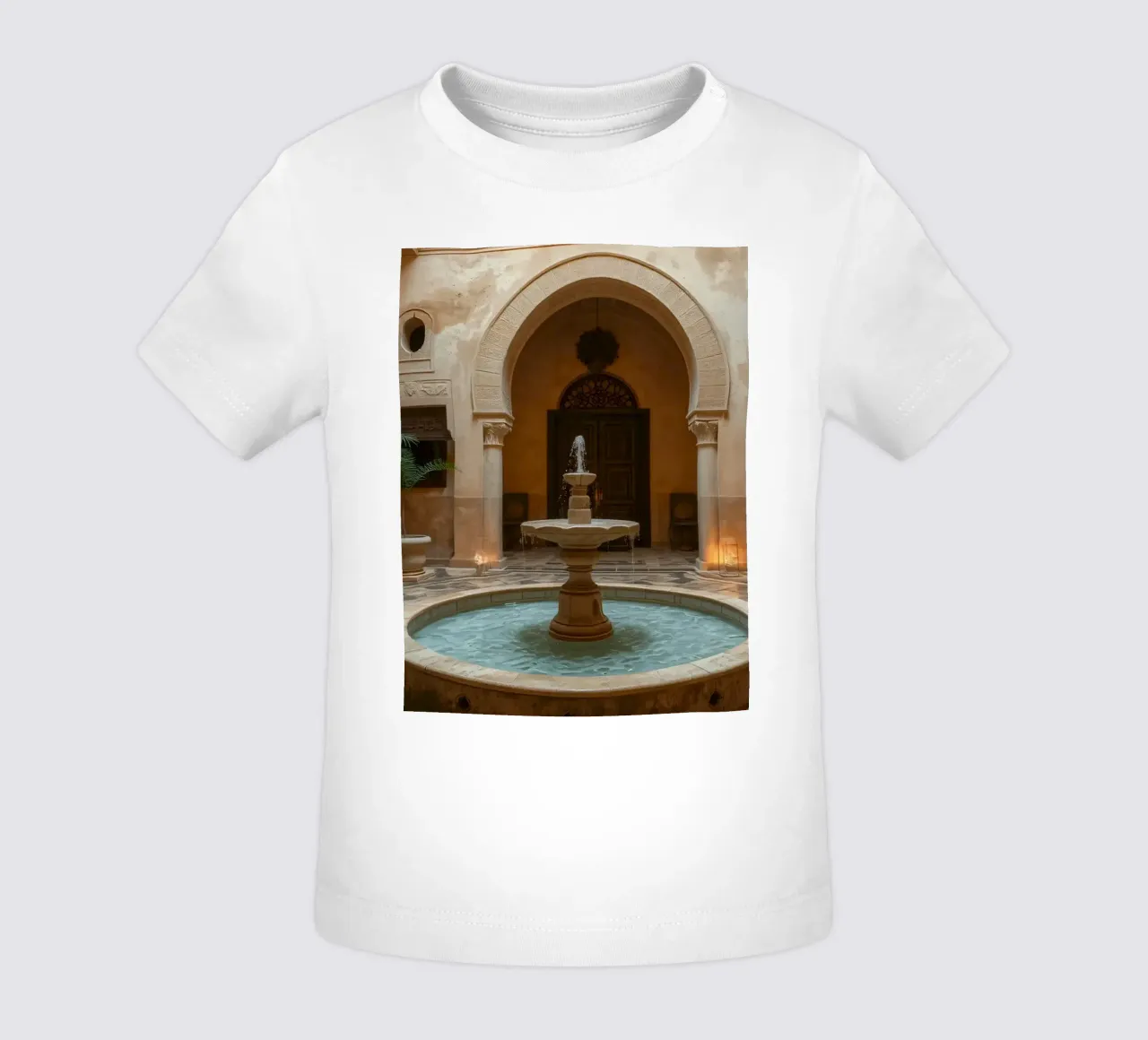 Beautiful courtyard featuring an ornate fountain baby t-shirt by DesignDoodle