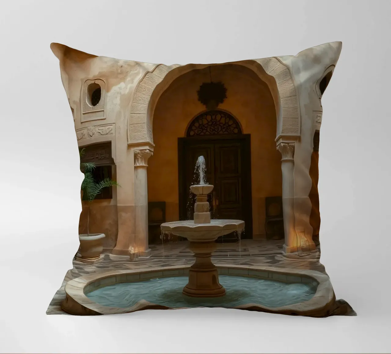 Splendido cortile con fontana decorata cuscino da DesignDoodle