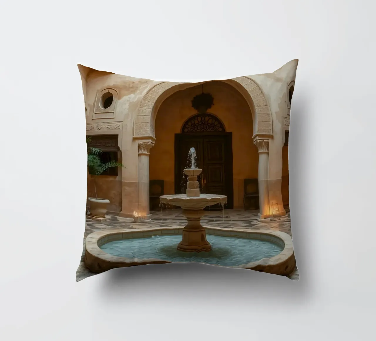 Splendido cortile con fontana decorata cuscino da DesignDoodle