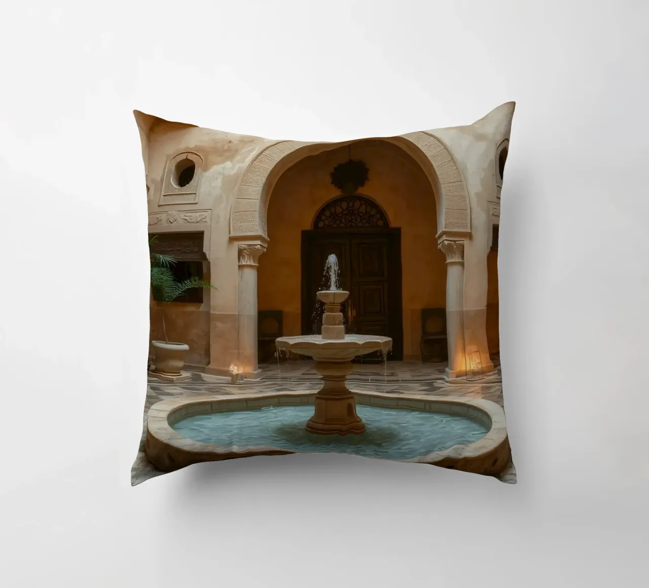 Splendido cortile con fontana decorata cuscino da DesignDoodle