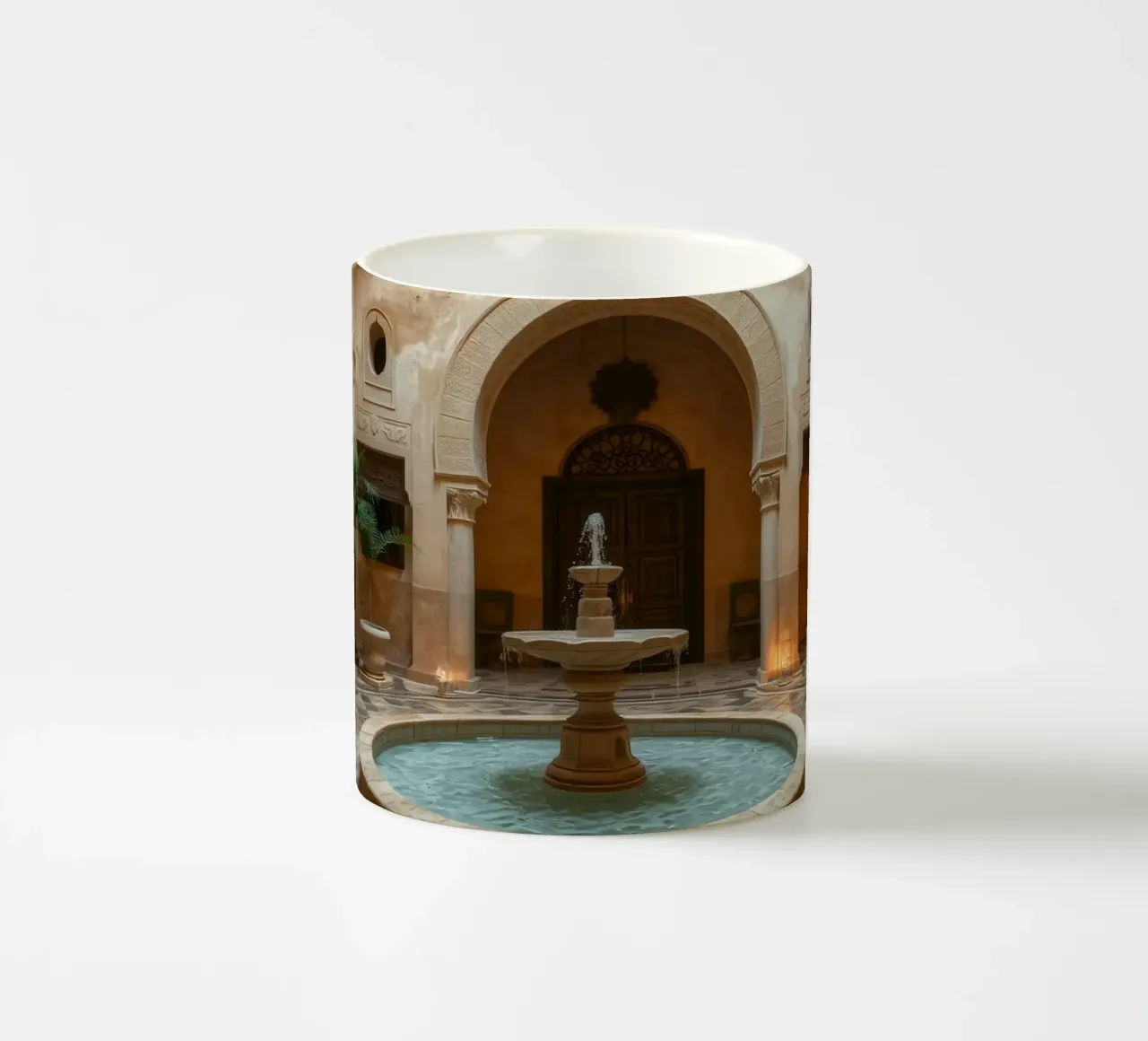 Beautiful courtyard featuring an ornate fountain ceramic mug by DesignDoodle