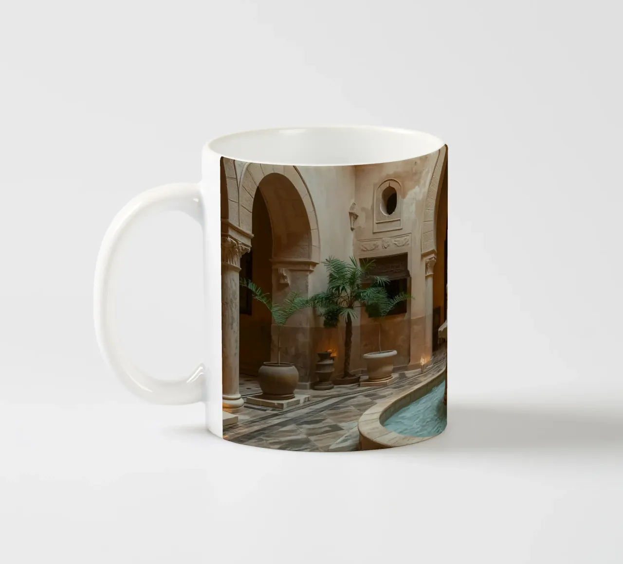 Beautiful courtyard featuring an ornate fountain ceramic mug by DesignDoodle