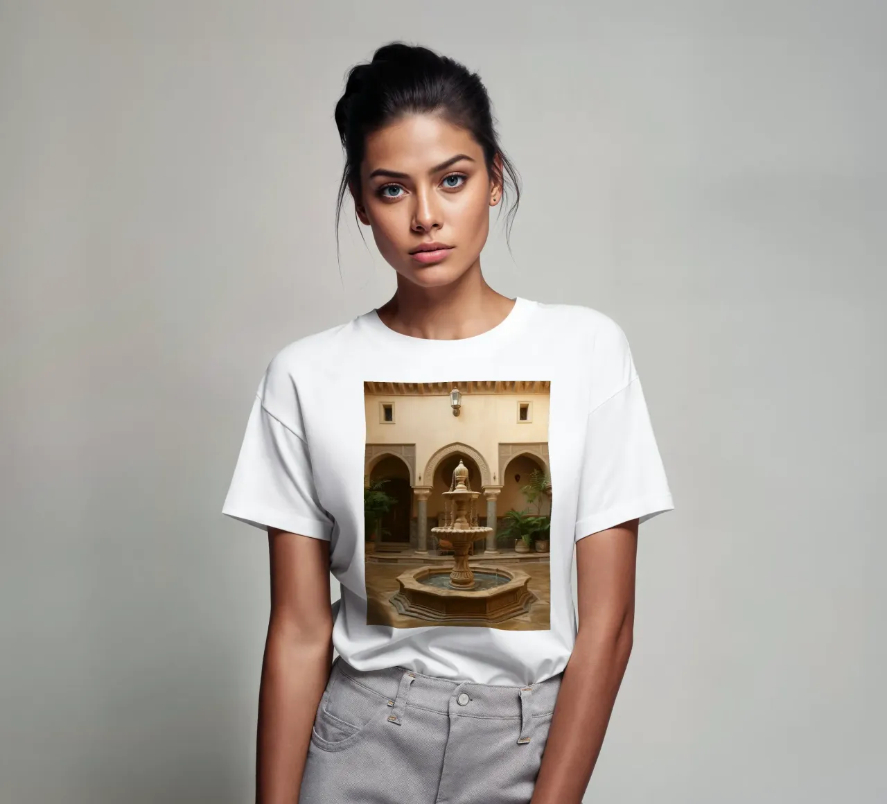 Splendido cortile con fontana centrale e verde t-shirt da DesignDoodle