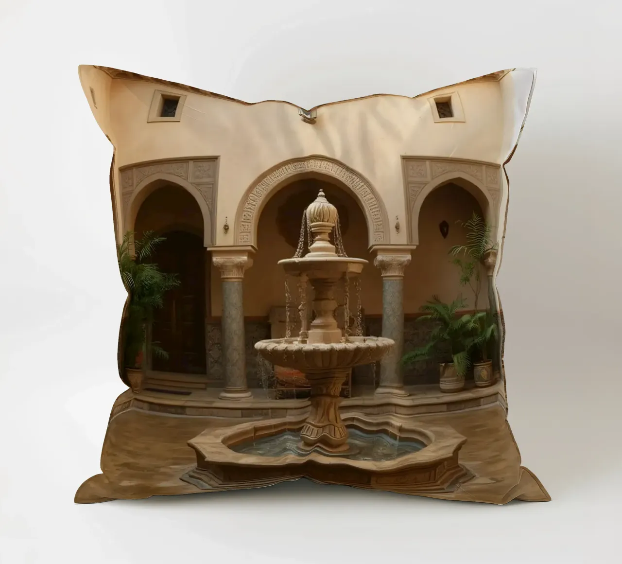 Splendido cortile con fontana centrale e verde cuscino da DesignDoodle