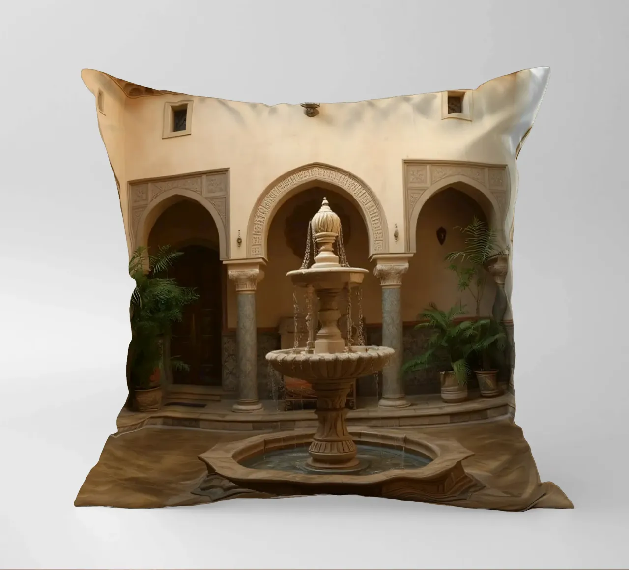 Splendido cortile con fontana centrale e verde cuscino da DesignDoodle