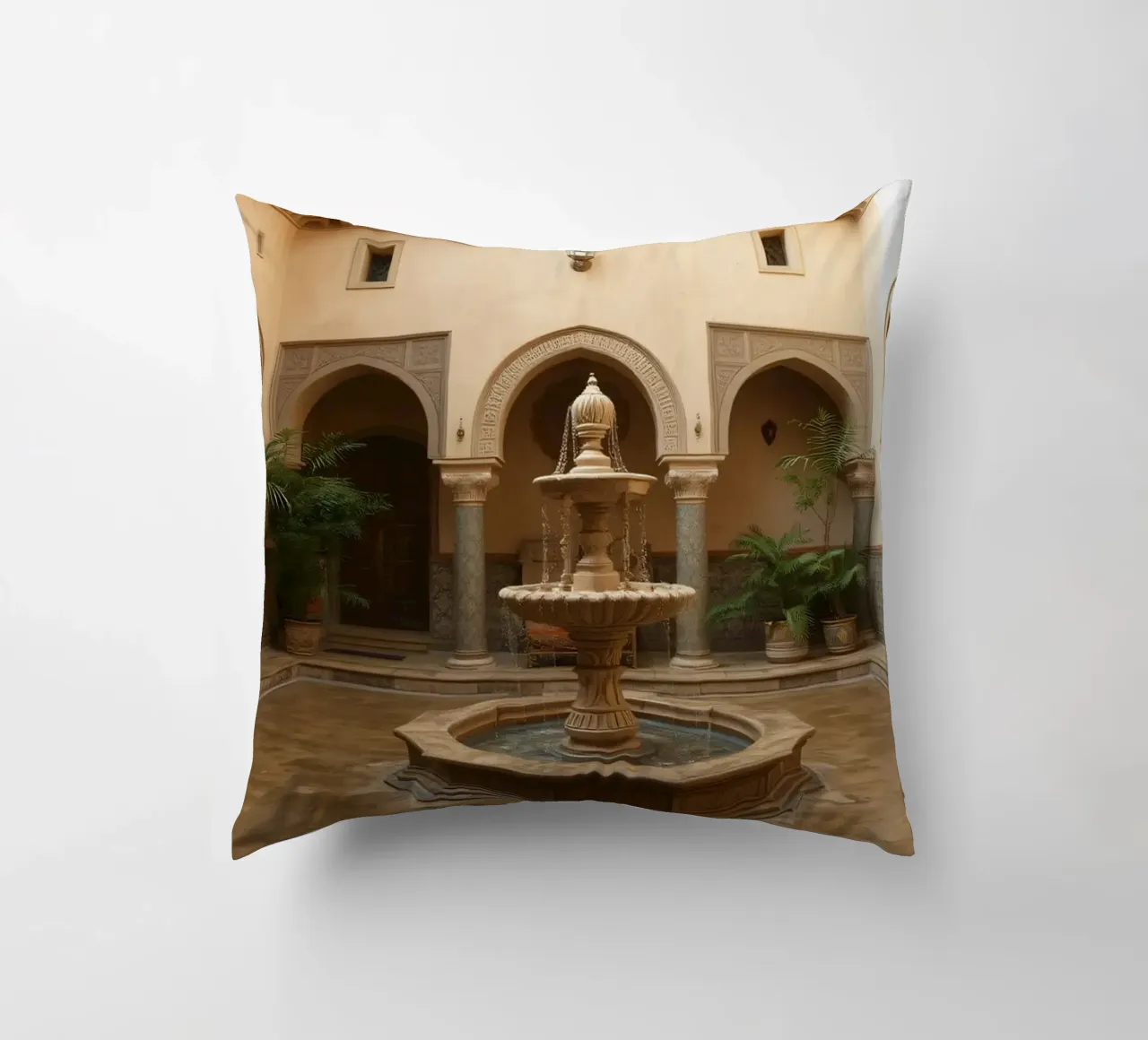 Splendido cortile con fontana centrale e verde cuscino da DesignDoodle