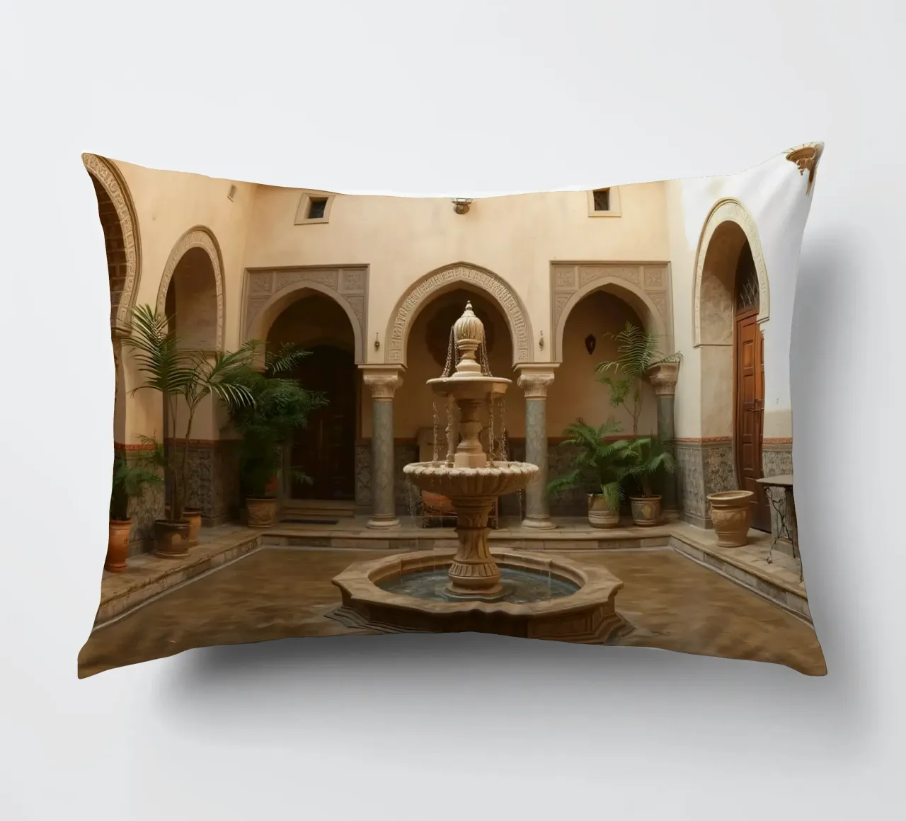 Splendido cortile con fontana centrale e verde cuscino da DesignDoodle