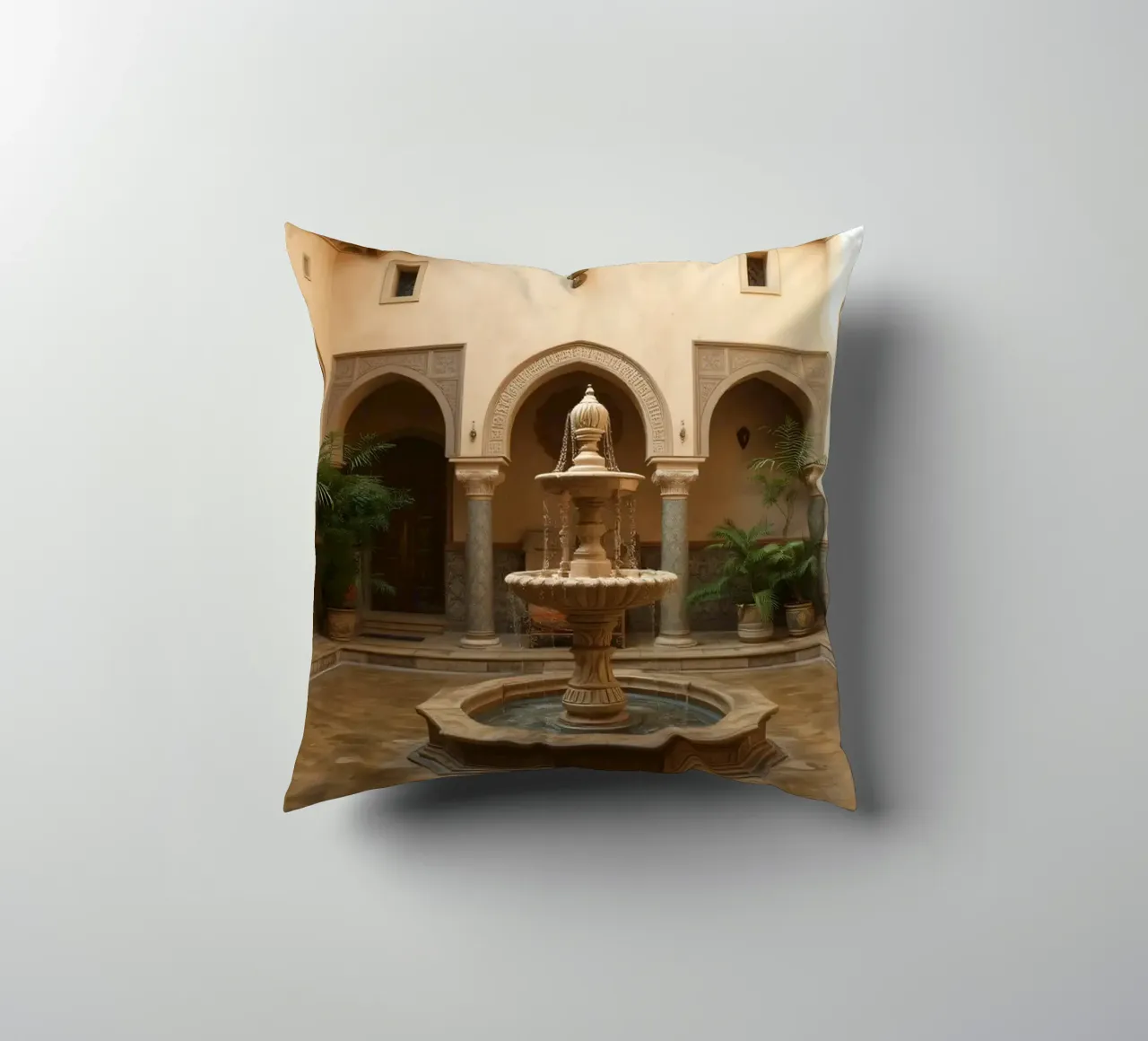 Splendido cortile con fontana centrale e verde cuscino da DesignDoodle