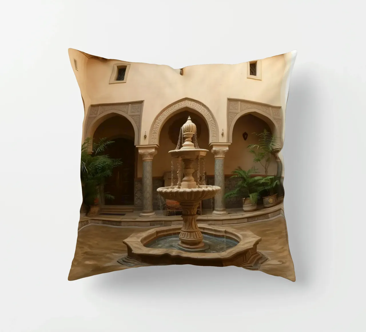 Splendido cortile con fontana centrale e verde cuscino da DesignDoodle