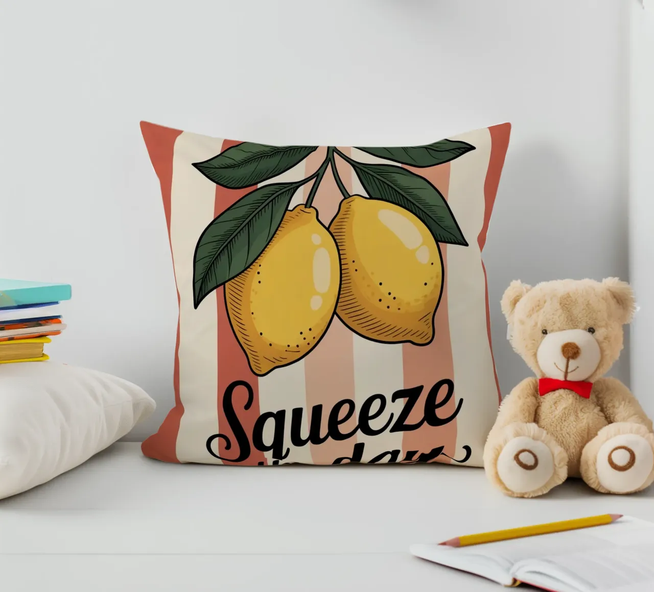 Squeeze The Day — Hand Drawn Lemon Motivational Kitchen Art decorative cushion by logic