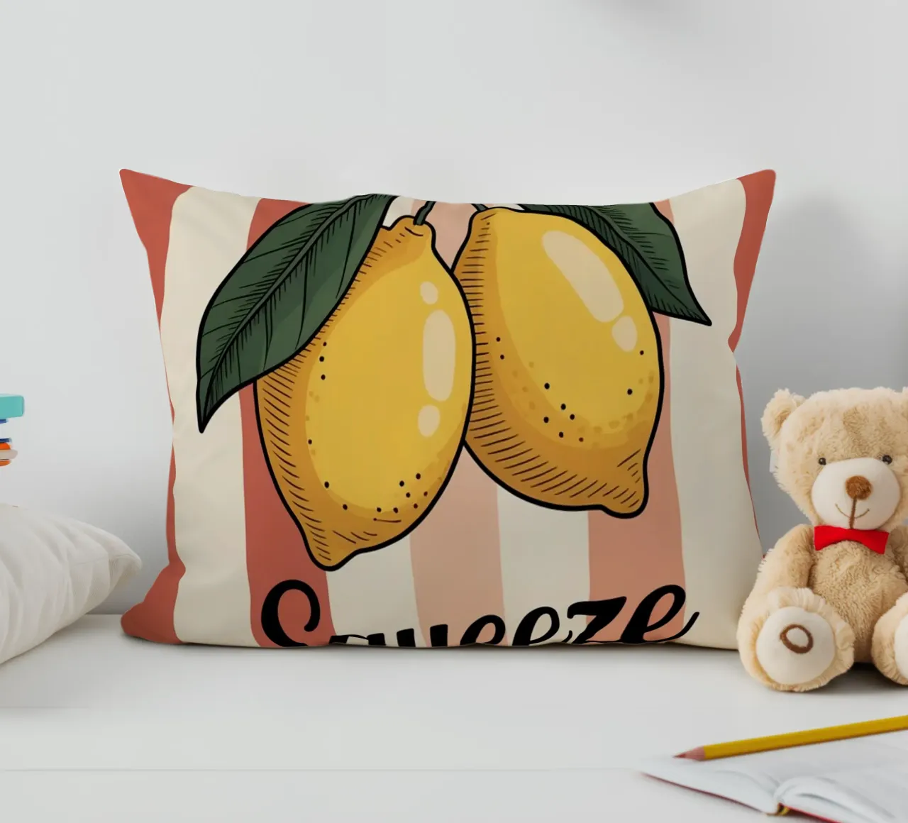 Squeeze The Day — Hand Drawn Lemon Motivational Kitchen Art decorative cushion by logic