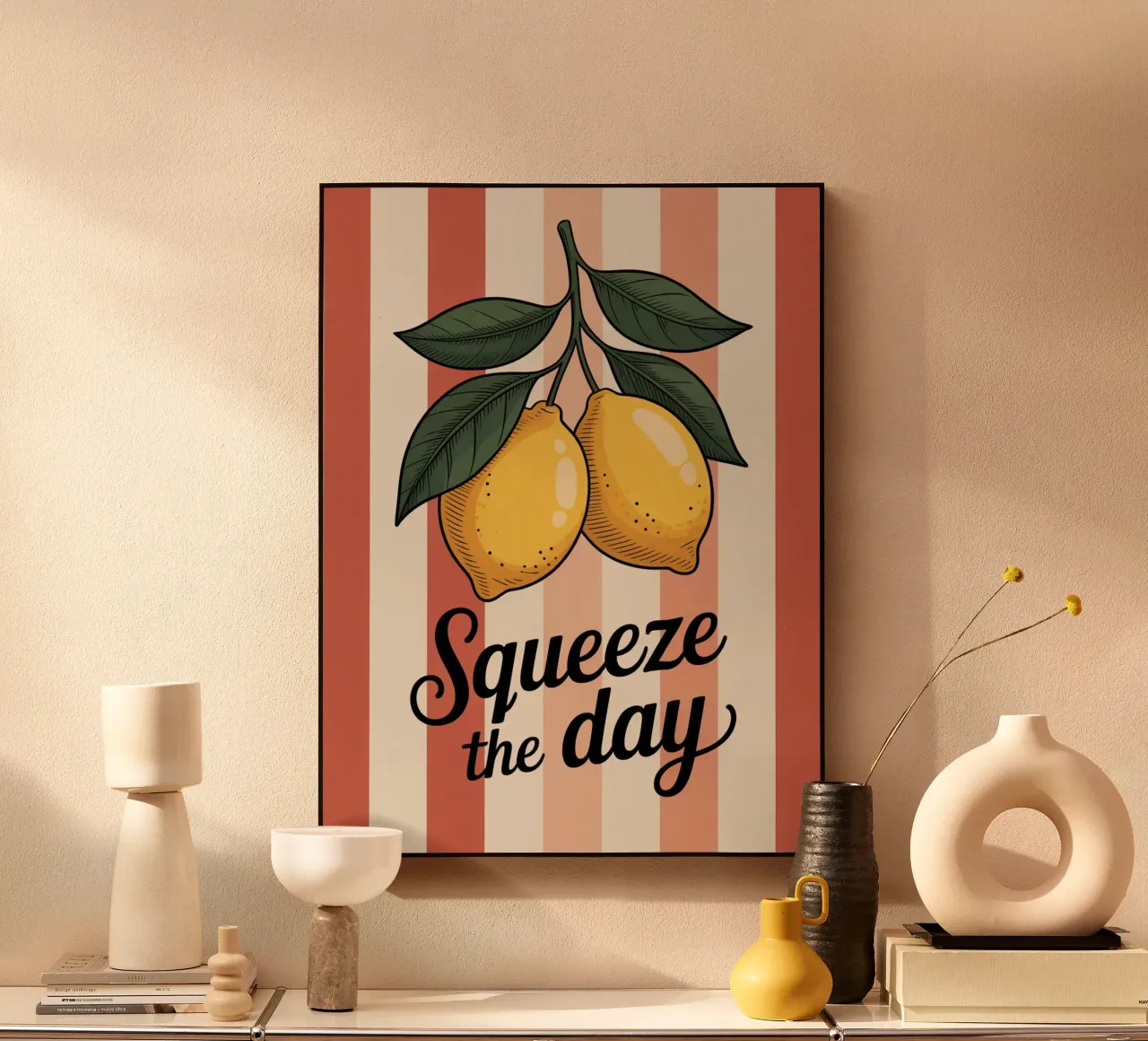 Squeeze The Day - Hand gezeichnete Zitrone motivierende Küche Kunst Alu-Dibond von logic