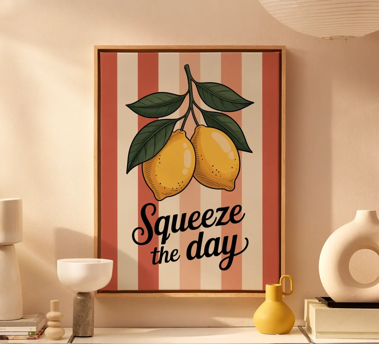 Squeeze The Day - Hand gezeichnete Zitrone motivierende Küche Kunst Leinwand mit Schattenfugenrahmen von logic