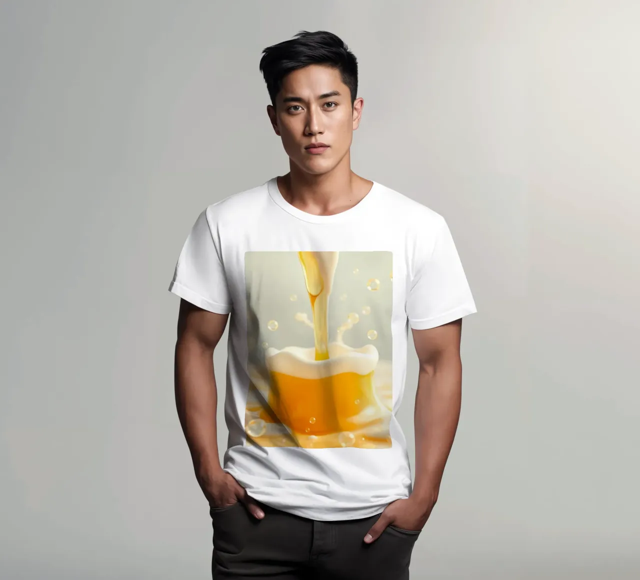 Golden liquid pouring into a frothy mug, capturing the essen t-shirt by DesignDoodle