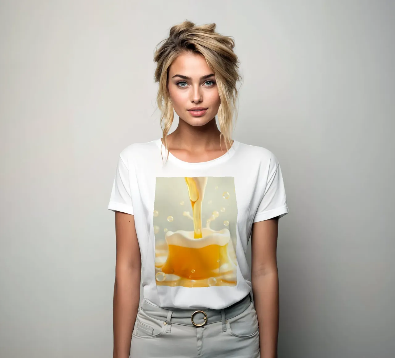 Golden liquid pouring into a frothy mug, capturing the essen women's fitted t-shirt by DesignDoodle