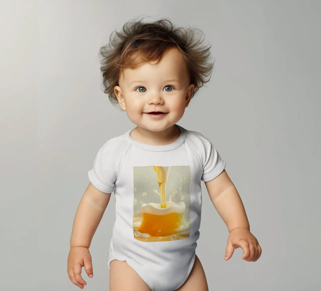 Un liquide doré se déversant dans une tasse mousseuse, capturant l'essentiel. body bébé de DesignDoodle