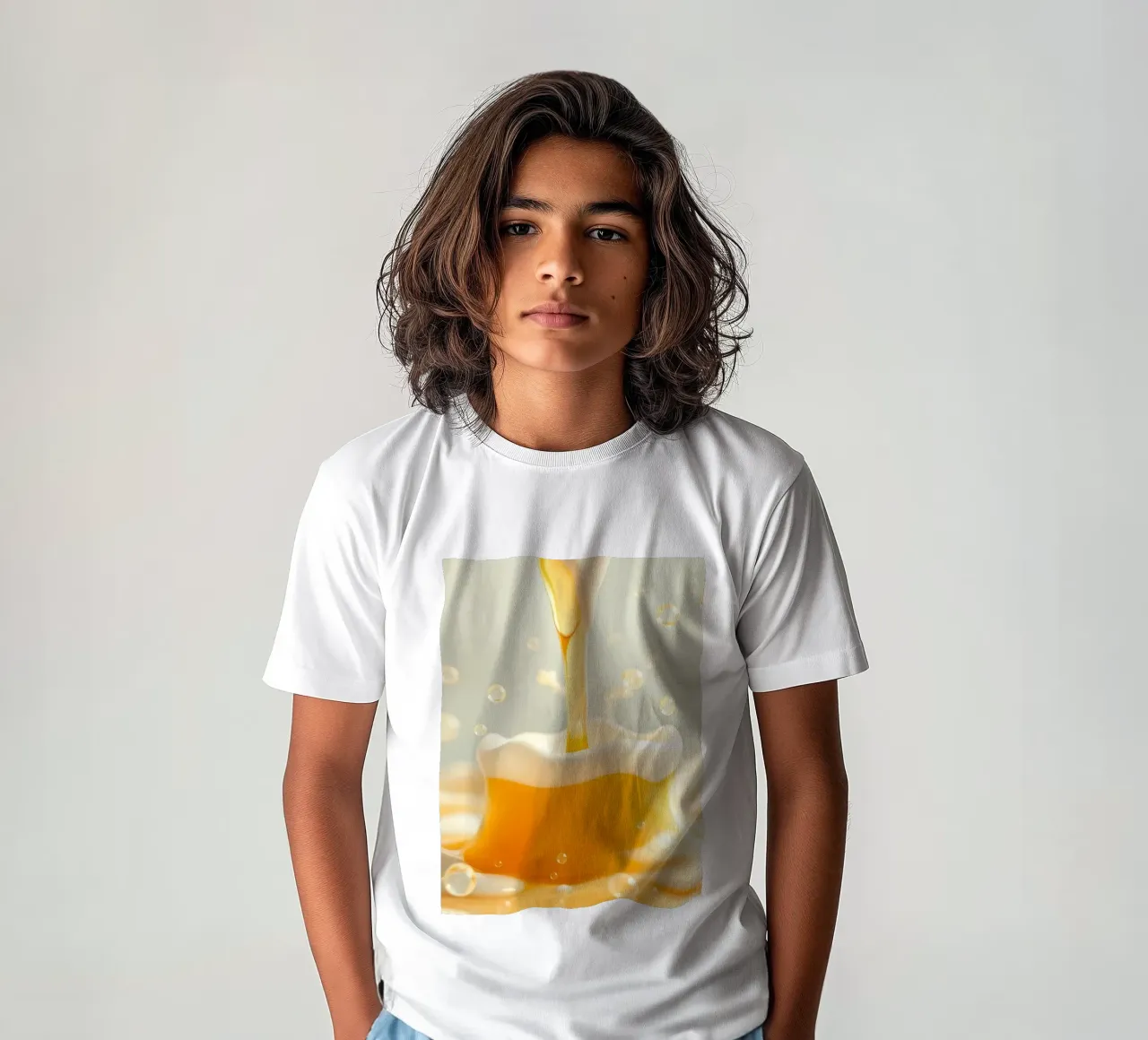 Golden liquid pouring into a frothy mug, capturing the essen kids t-shirt by DesignDoodle