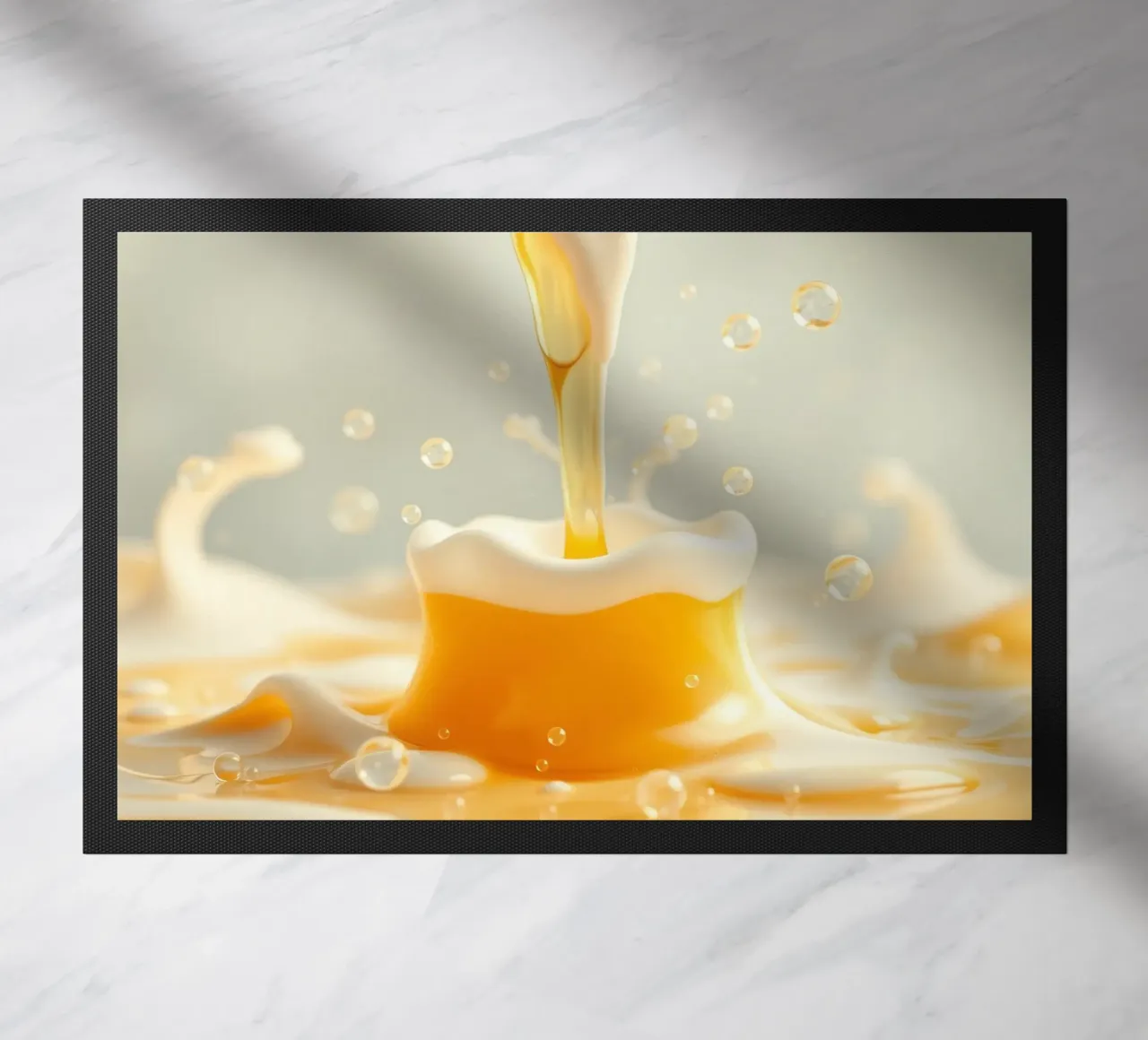 Un liquide doré se déversant dans une tasse mousseuse, capturant l'essentiel. paillasson de DesignDoodle