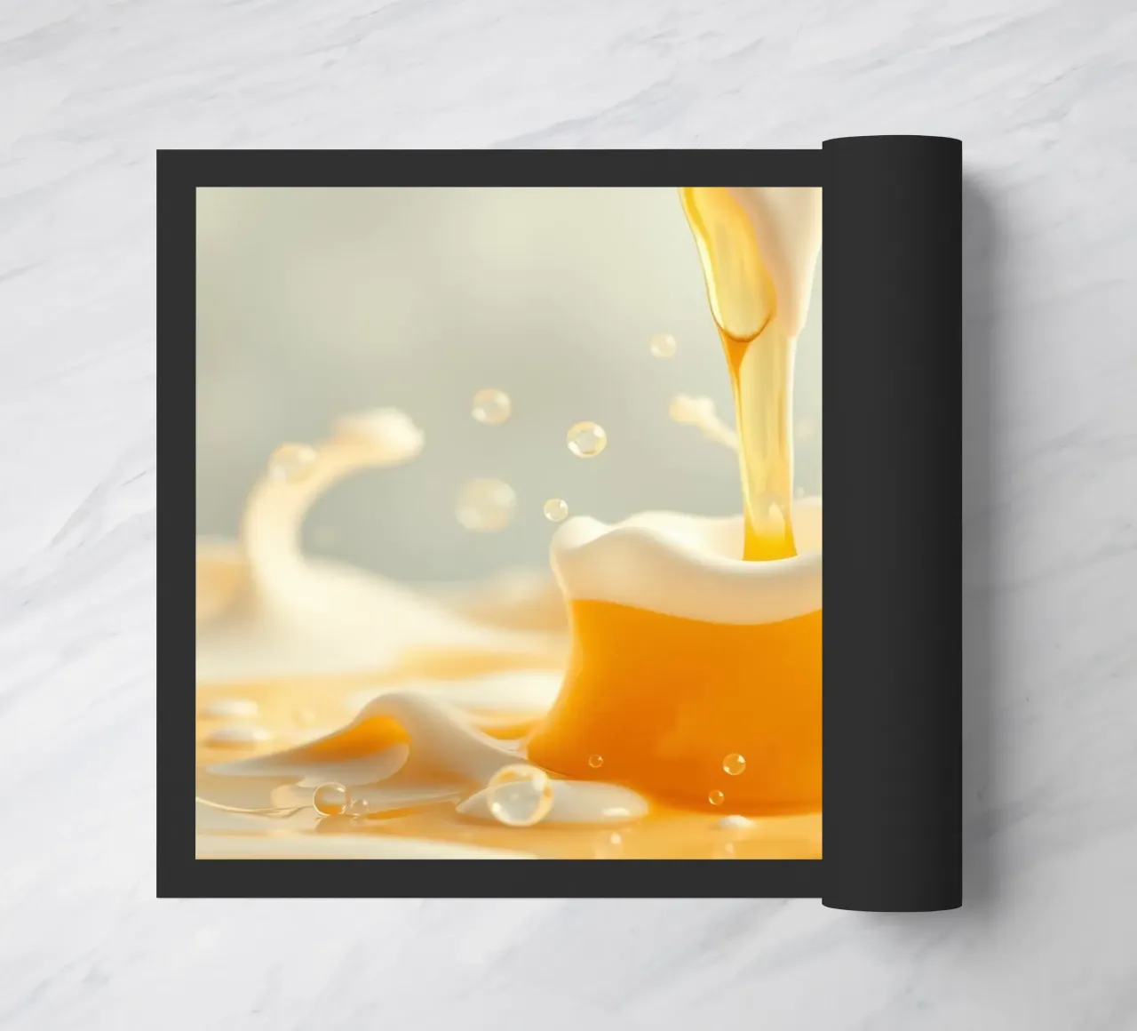 Un liquide doré se déversant dans une tasse mousseuse, capturant l'essentiel. paillasson de DesignDoodle