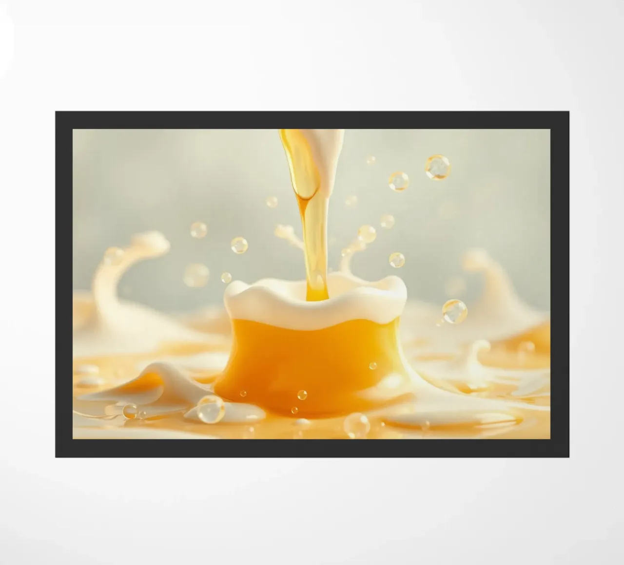 Un liquide doré se déversant dans une tasse mousseuse, capturant l'essentiel. paillasson de DesignDoodle