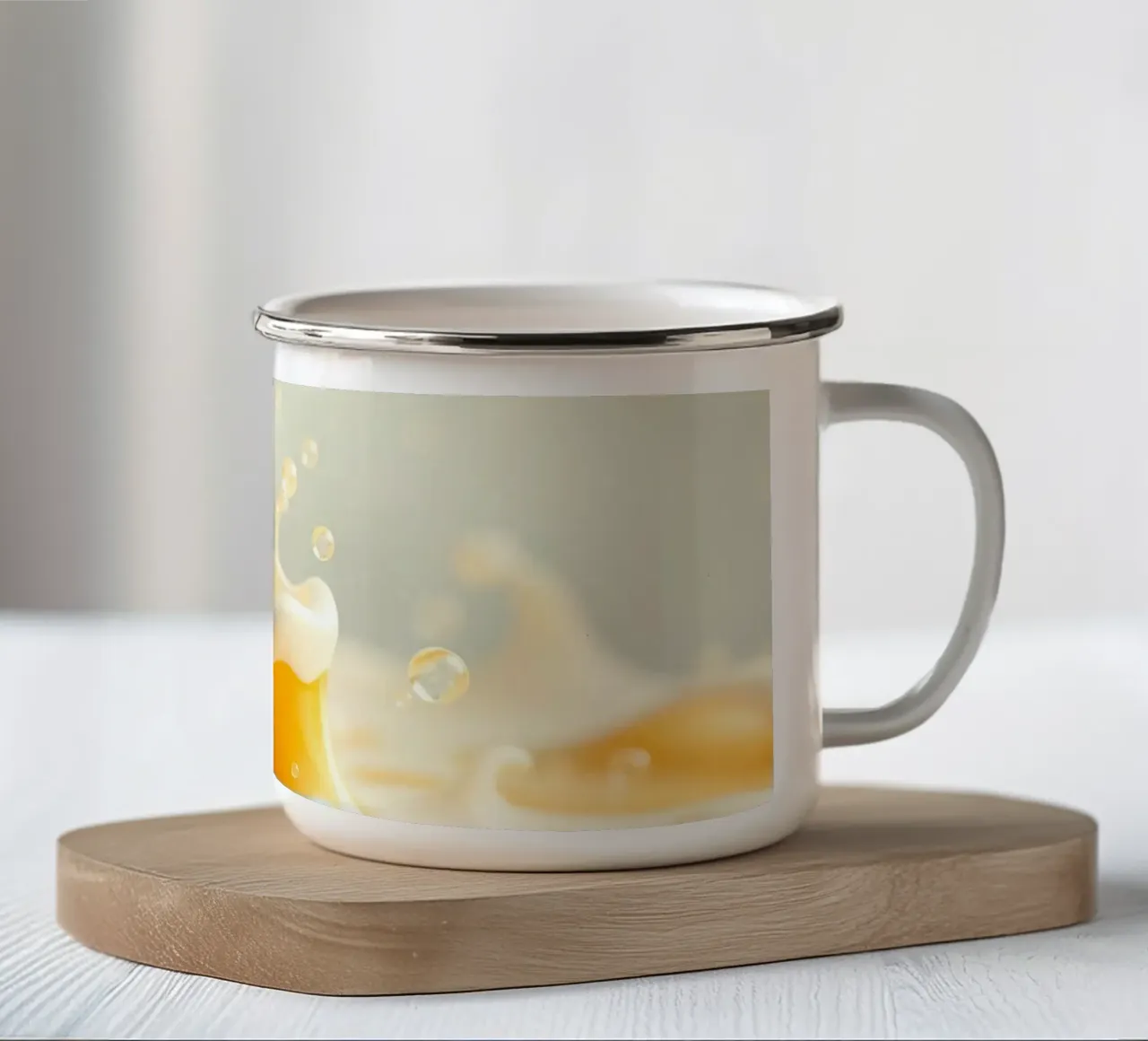 Liquido dorato che si versa in un boccale schiumoso, catturando l'essen tazza in smalto da DesignDoodle