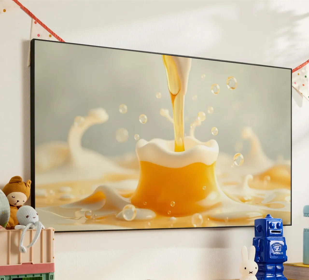Un liquide doré se déversant dans une tasse mousseuse, capturant l'essentiel. alu dibond de DesignDoodle