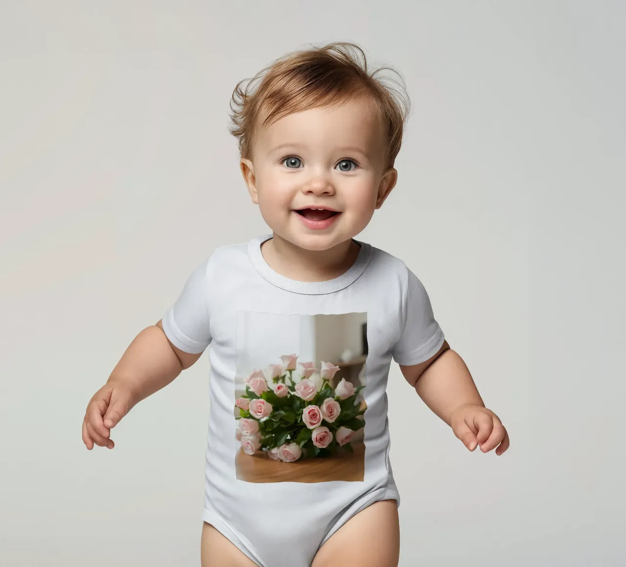 Beautiful bouquet of pink roses resting on a wooden table short-sleeve baby romper by DesignDoodle