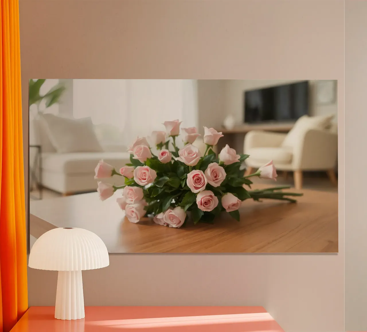 Bellissimo bouquet di rose rosa appoggiato su un tavolo di legno poster con telaio in legno da DesignDoodle