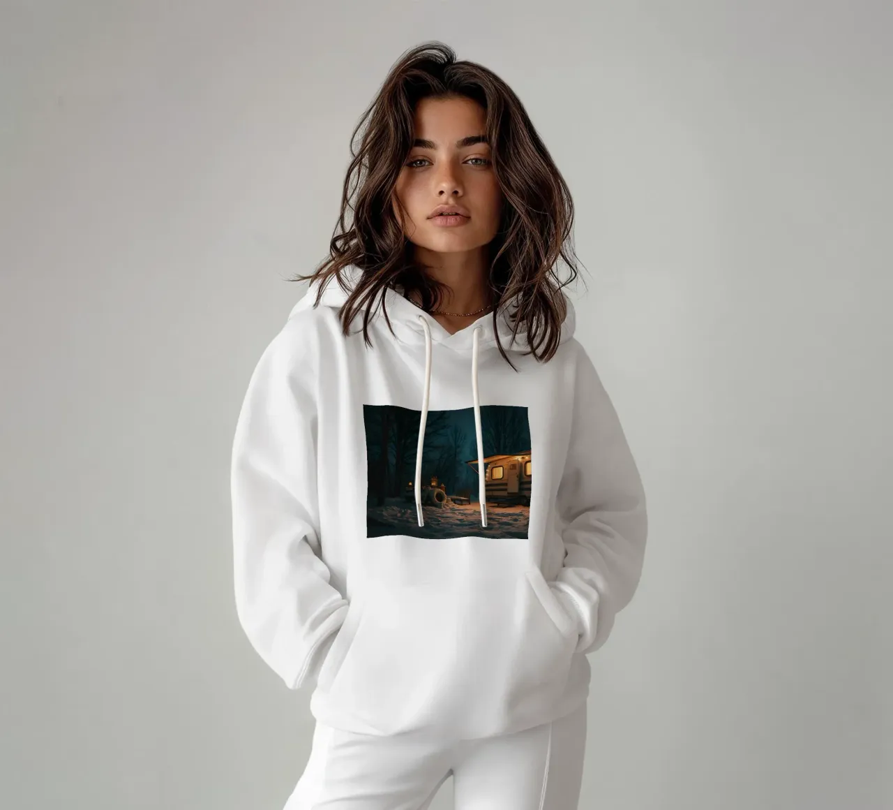 Accogliente notte d'inverno in un camper nei boschi innevati, con un caldo felpa con cappuccio da DesignDoodle