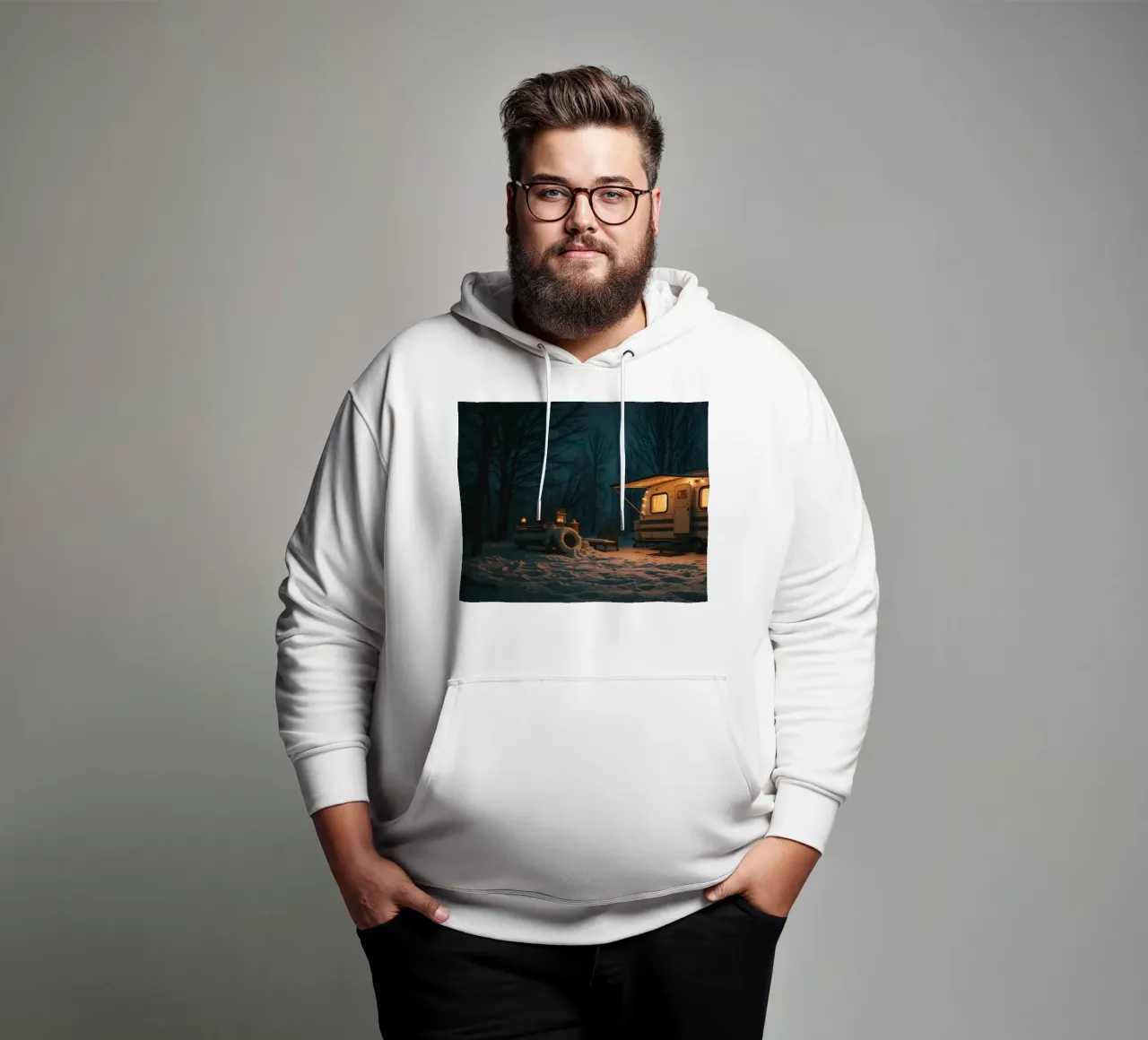 Accogliente notte d'inverno in un camper nei boschi innevati, con un caldo felpa con cappuccio da DesignDoodle