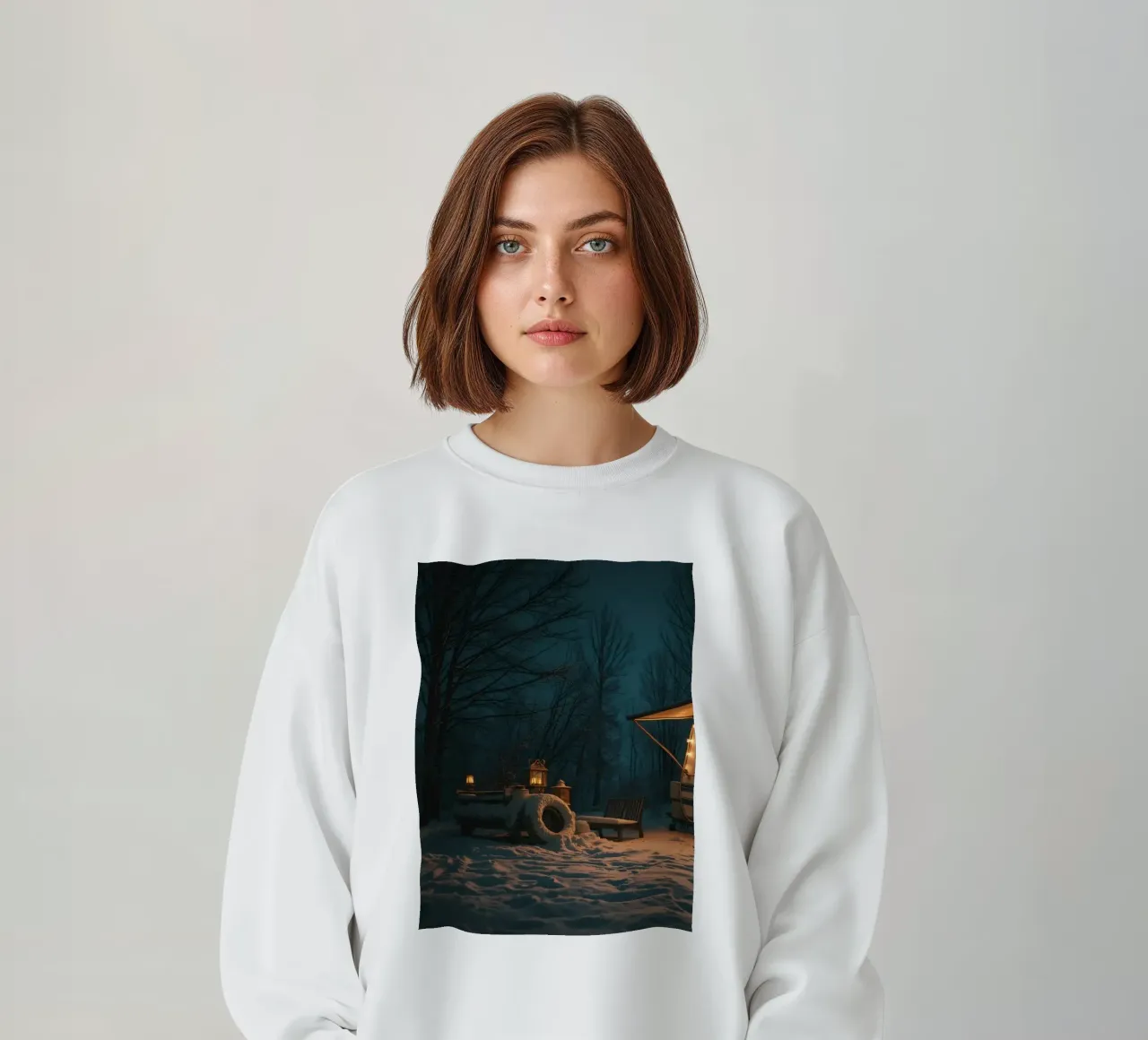 Accogliente notte d'inverno in un camper nei boschi innevati, con un caldo felpa da DesignDoodle