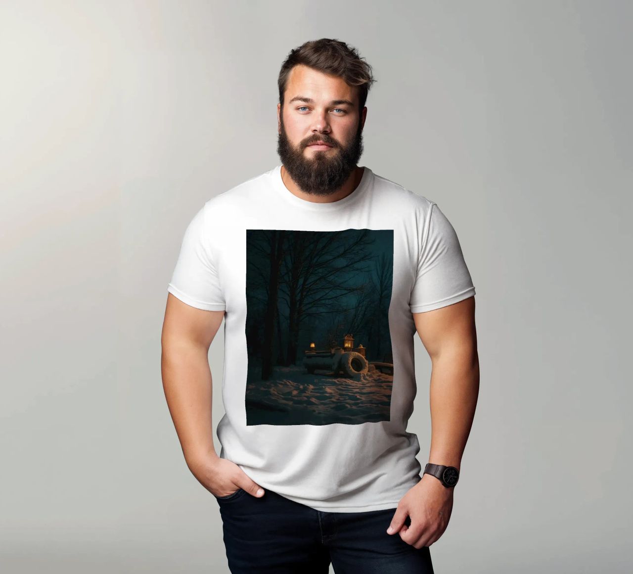 Accogliente notte d'inverno in un camper nei boschi innevati, con un caldo t-shirt da DesignDoodle