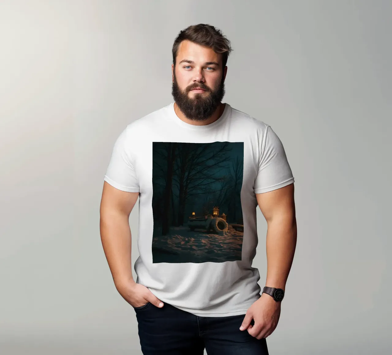 Accogliente notte d'inverno in un camper nei boschi innevati, con un caldo t-shirt da DesignDoodle