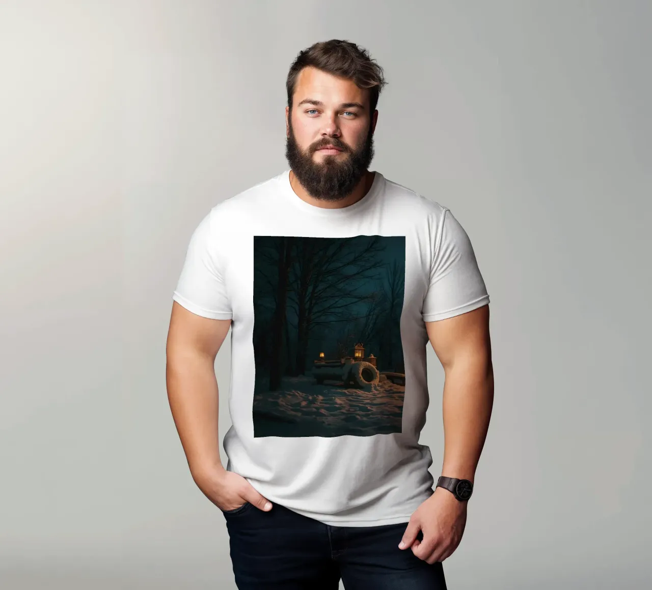 Nuit d'hiver douillette dans un camping-car dans les bois enneigés avec de la chaleur t-shirt de DesignDoodle