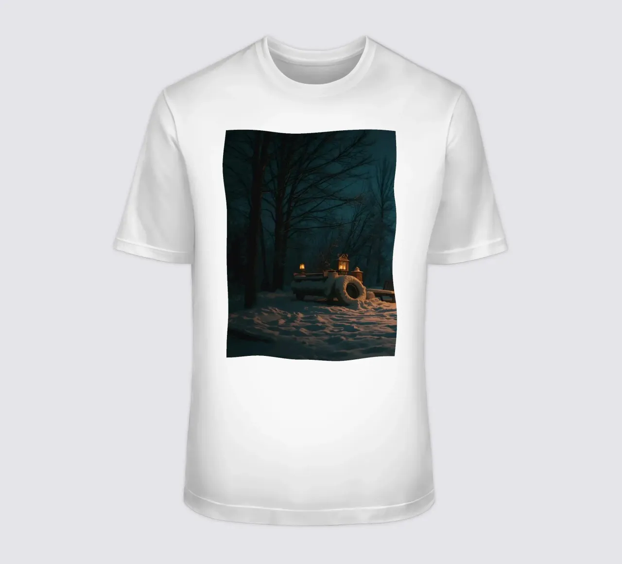 Accogliente notte d'inverno in un camper nei boschi innevati, con un caldo t-shirt da DesignDoodle