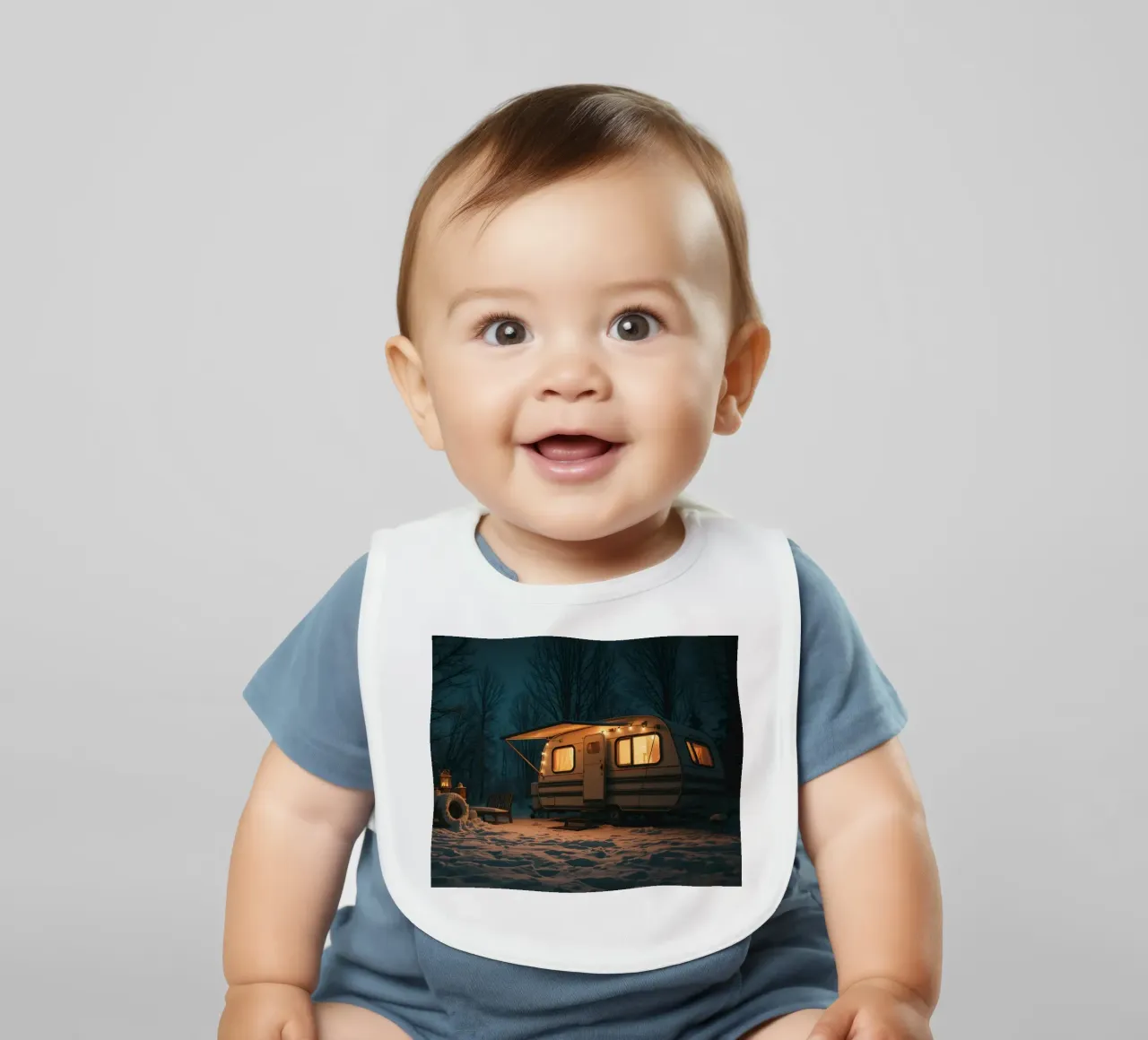 Accogliente notte d'inverno in un camper nei boschi innevati, con un caldo bavaglino da DesignDoodle