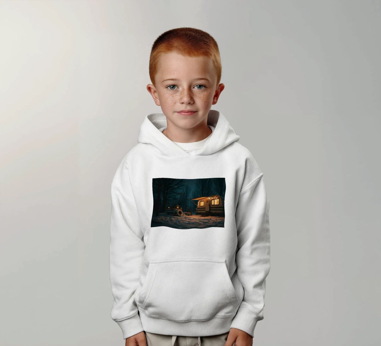 Accogliente notte d'inverno in un camper nei boschi innevati, con un caldo felpa bambino con cappuccio da DesignDoodle