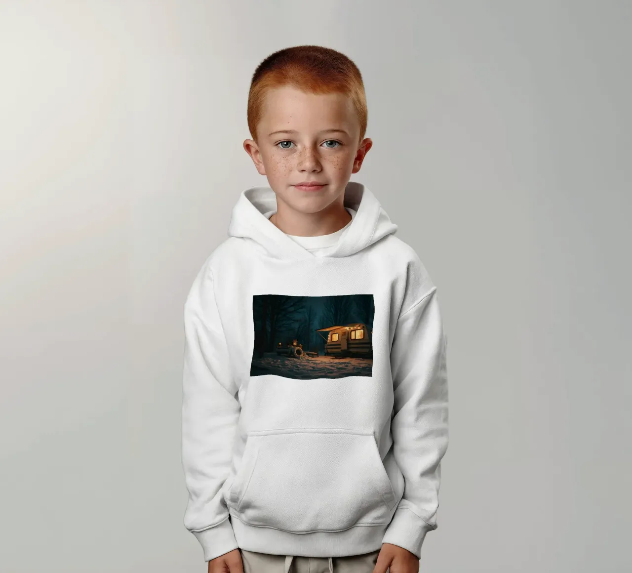 Acogedora noche de invierno en una caravana en el bosque nevado con cálidas sudadera con capucha para niño de DesignDoodle
